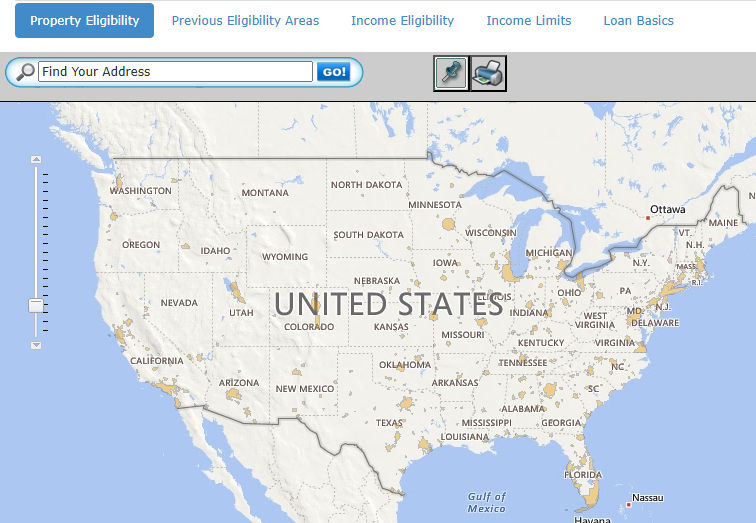 USDA Property Eligibility map: United States map with address search and shaded eligibility areas